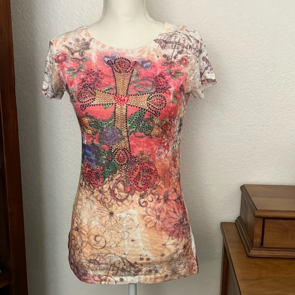 How cute! Rhinestones vintage graphic design tee blouse Size M - Picture 1 of 6